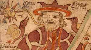 Huginn and Muninn sit on Odin's shoulders in an illustration from an 18th century Icelandic manuscript